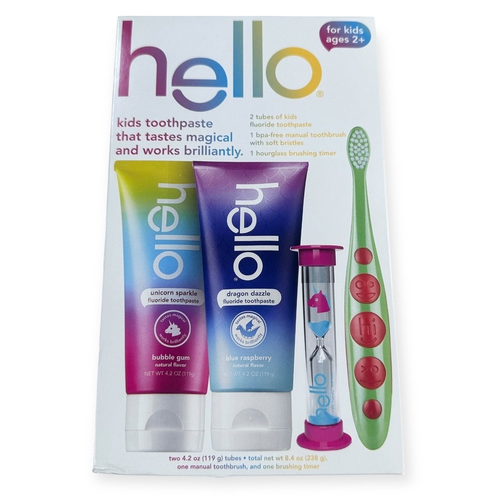 Hello Kids Toothpaste Unicorn Sparkle Dragon Dazzle Fluoride Brush Timer‎ Set